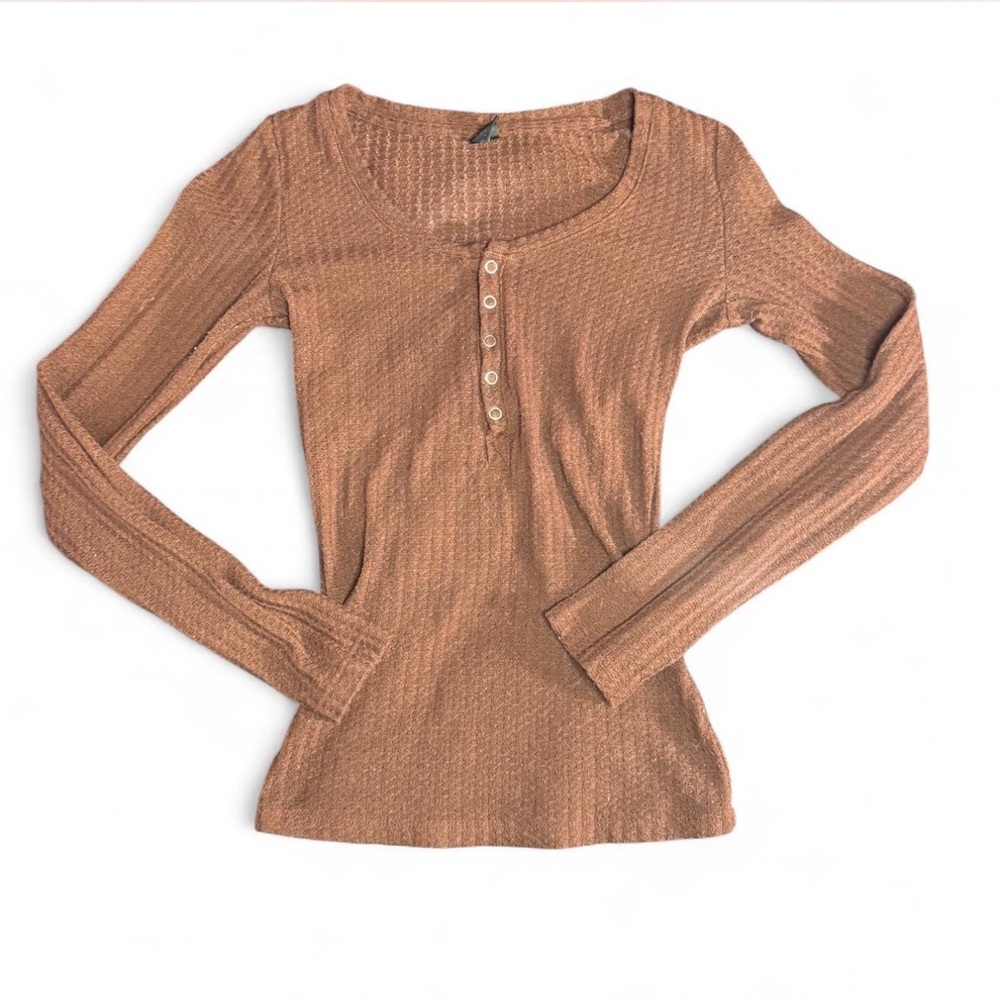 Women's Long Sleeve Henley Top - Brown